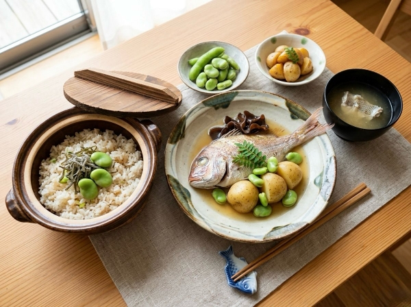 そら豆、新じゃがいも、鯛