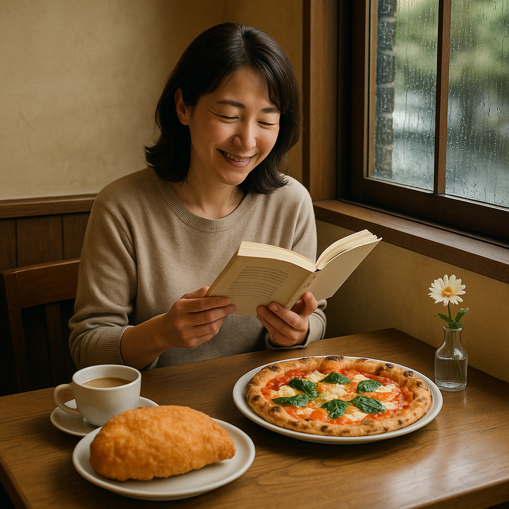 雨の日に、ピザと揚げピザをたしなみながら読書を楽しむ女性