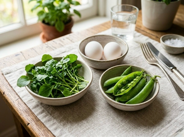 クレソン、スナップエンドウ、卵